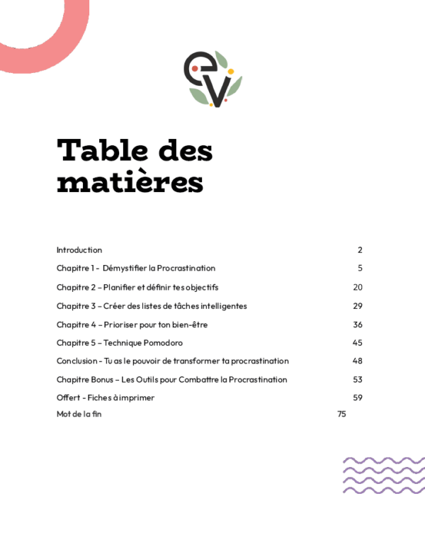 Livre Procrastination, C'est Fini ! Je deviens productive et épanouie. Table des matières.